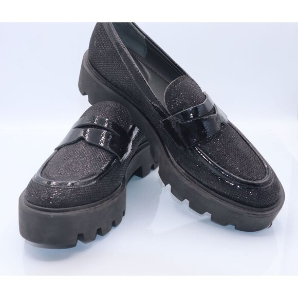 Franco Sarto Black Glitter Platform Loafers Lug Chuncky Heel Womens Size 7.5 - Picture 1 of 8